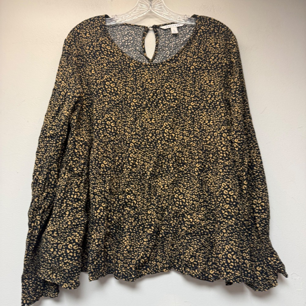PopSugar Blouse Women Large Tan Black Excellent Leopard Print Smocked Cuff Top